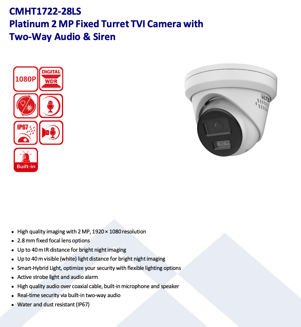 LTS Platinum CMHT1722-28LS TVI 2MP 2.8mm Wide Angle 131ft IR 2 Way Audio Siren Turret Camera