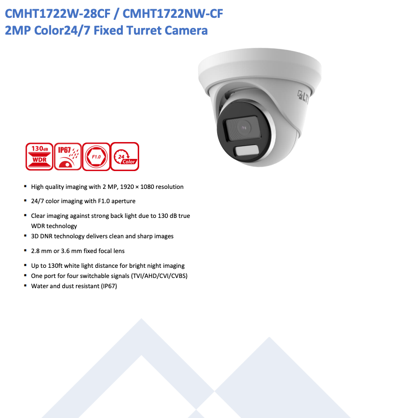 LTS Platinum CMHT1722NW-28CF TVI/AHD/CVI/CVBS 2MP 2.8mm 247 Full Color WDR Dome Turret Camera