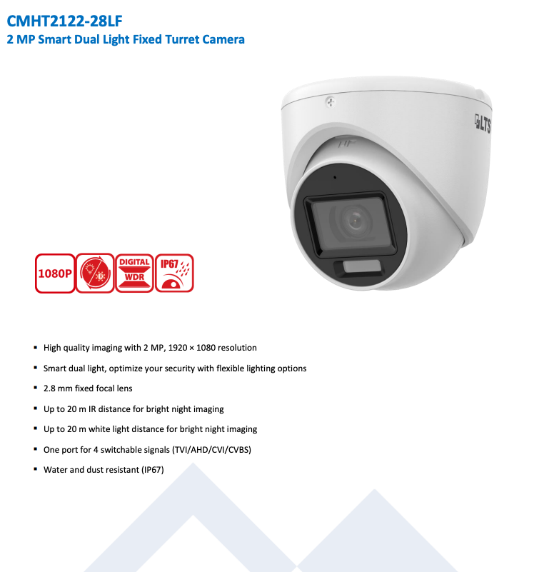 LTS Platinum CMHT2122-28LF HD TVI 2MP 2.8mm Lens 65ft Smart Dual Light 4in1 Dome Camera LTCMHT2122-28LF Replacement for CMHT2122-28F, CMHT2122N-28F