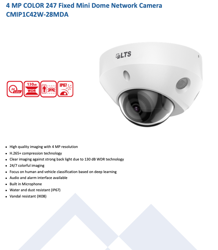 LTS Platinum CMIP1C42W-28MDA IP 4MP Color 247 Built In Mic Deep learning Vandal Dome Camera