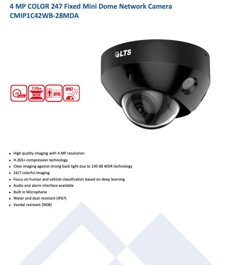 LTS Platinum CMIP1C42WB-28MDA IP 4MP Color 247 Built In Mic Deep Learning Vandal Dome Camera