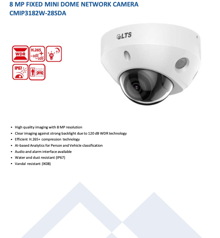 LTS Platinum CMIP3182W-28SDA IP 8MP 98ft Smart Light Wide Len Ai Detection Vandal Dome Camera