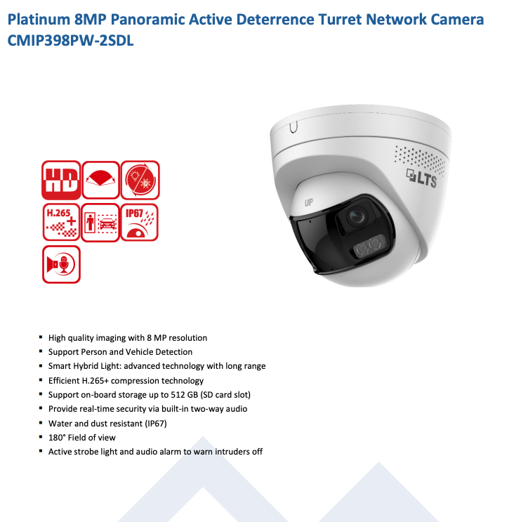 LTS Platinum Plus CMIP398PW-2SDL IP 8MP 180 Panoramic Hybrid Light Active Deterrence Dome Camera