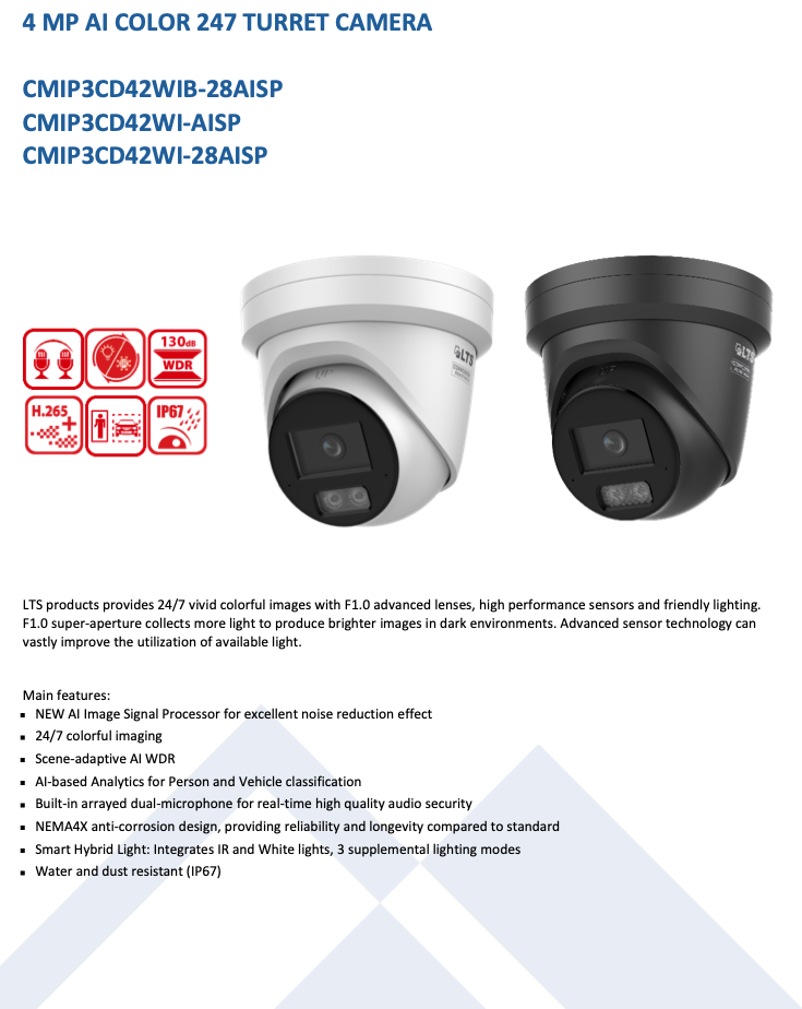 LTS Platinum CMIP3CD42WI-AISP IP 4MP AI Color 247 4mm Lens Built in Mic Hybrid Light Camera