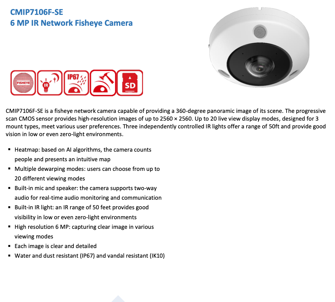 LTS Platinum CMIP7106F-SE Platinum IP 6MP 50ft IR Ai Built-in mic and speaker Fisheye Camera