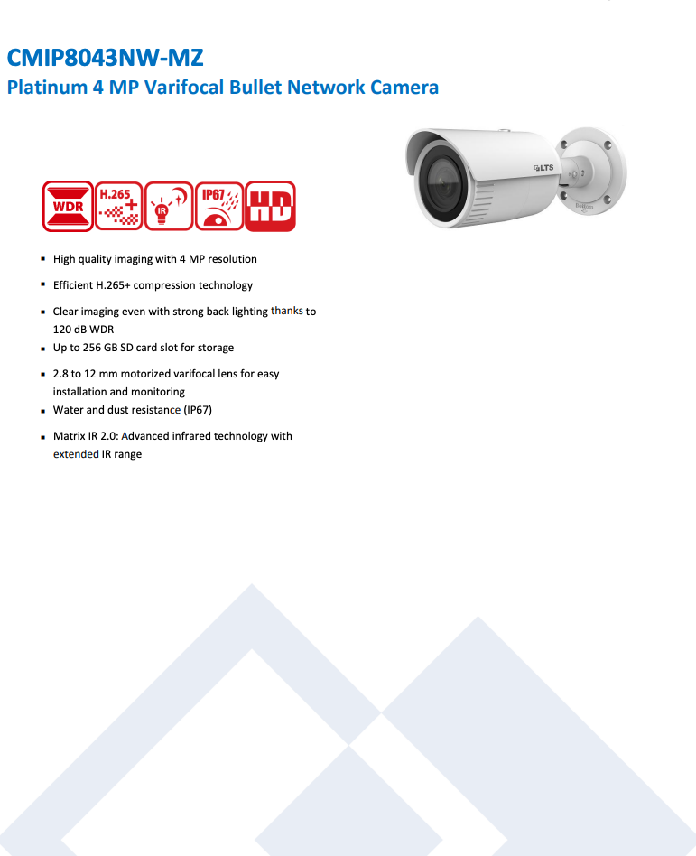 LTS Platinum CMIP8043NW-MZ HD IP 4MP 2.8-12mm Varifocal Motorized 131ft IR WDR Bullet Camera LTCMIP8043NW-MZ Replacement for CMIP8043W-MZ, CMIP8043W-MDZ