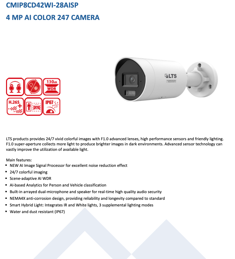 LTS Platinum CMIP8CD42WI-28AISP IP 4MP Ai Color 247 WDR Built-in Mic Hybrid Light Wide Camera