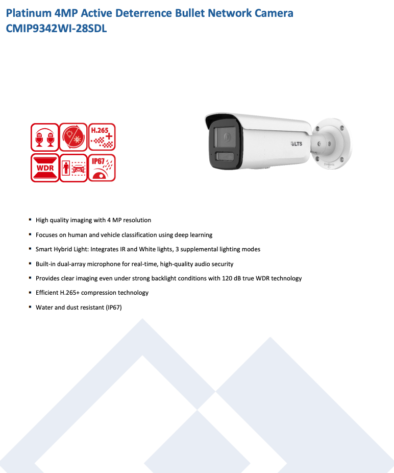 LTS Platinum CMIP9342WI-28SDL 4MP 2.8mm Hybrid Light Active Deterrence Smart Ai Bullet Camera LTCMIP9342WI-28SDL Replacement for CMIP9342W-28M, CMIP9342W-28MD