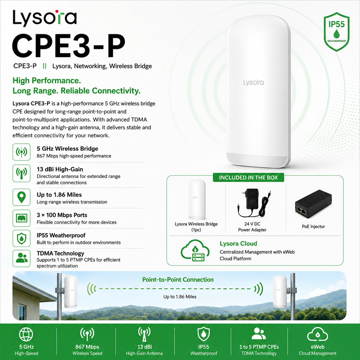 Lysora CPE3-P 5GHz 867Mbps 1.86mi IP55 Wireless Bridge with 13dBi Antenna & PoE NDAA