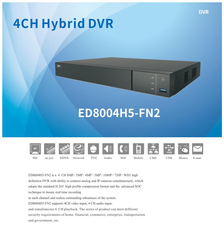 ENS Titanium ED8004H5-FN2 4CH 8MP TVI/AHD/CVI/Analog+2CH 8MP IP 6CH Max HDMI 4K NDAA DVR