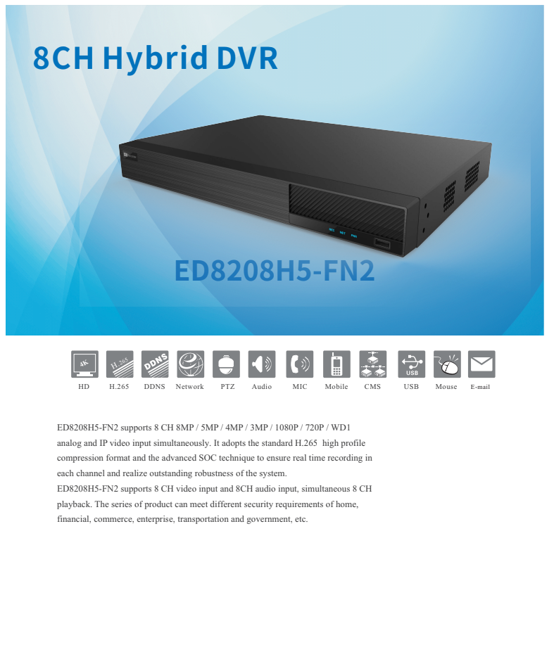ENS Titanium ED8208H5-FN2 8CH 8MP TVI/AHD/CVI/Analog + 8CH 8MP IP Max 16CH 2160p NDAA DVR