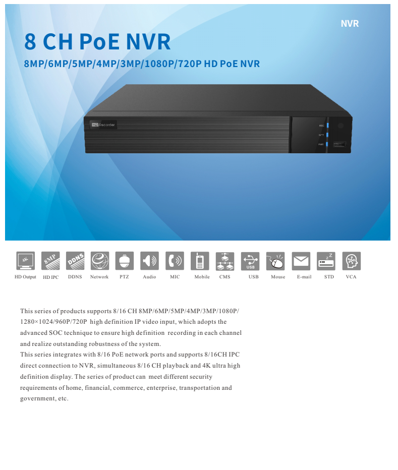 ENS Titanium ED9308H5NV-8P-3NB 8CH IP 8MP 30fps 80Mbps 8 Port POE Ai 4K 2160p HDMI NDAA NVR