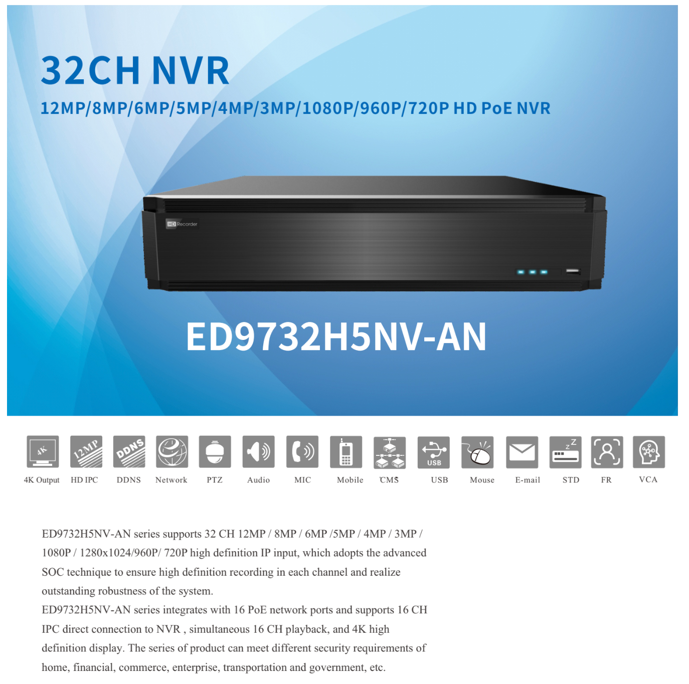 ENS Titanium ED9732H5NV-AN IP 32CH 12MP 8xSATA 2xLAN AI 4K 2xHDMI NDAA NVR