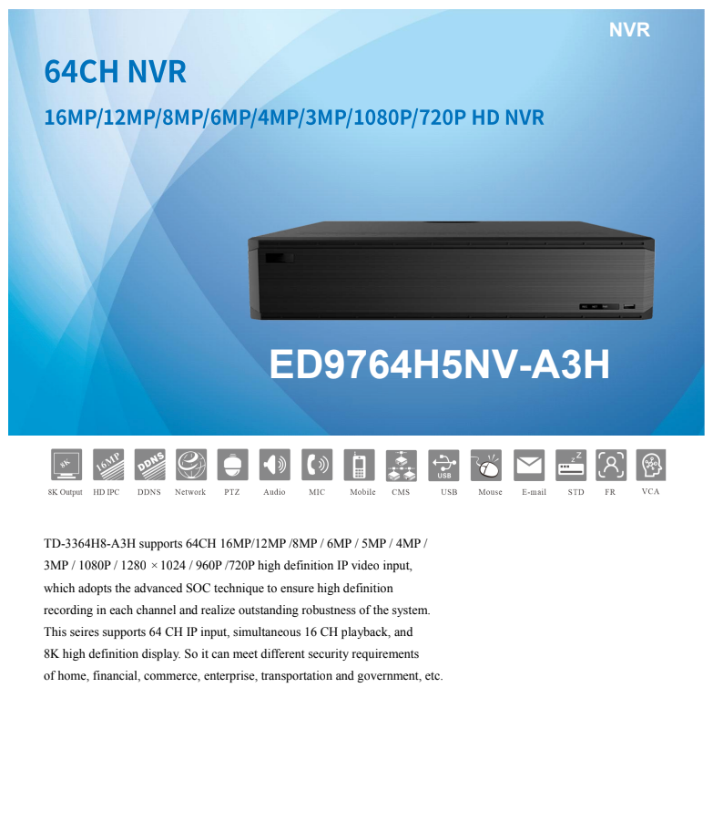 ENS Titanium ED9764H5NV-A3H 64CH IP 16MP 30fps 640Mbps 8xSATA Port RAID 4xHDMI Ai NDAA NVR