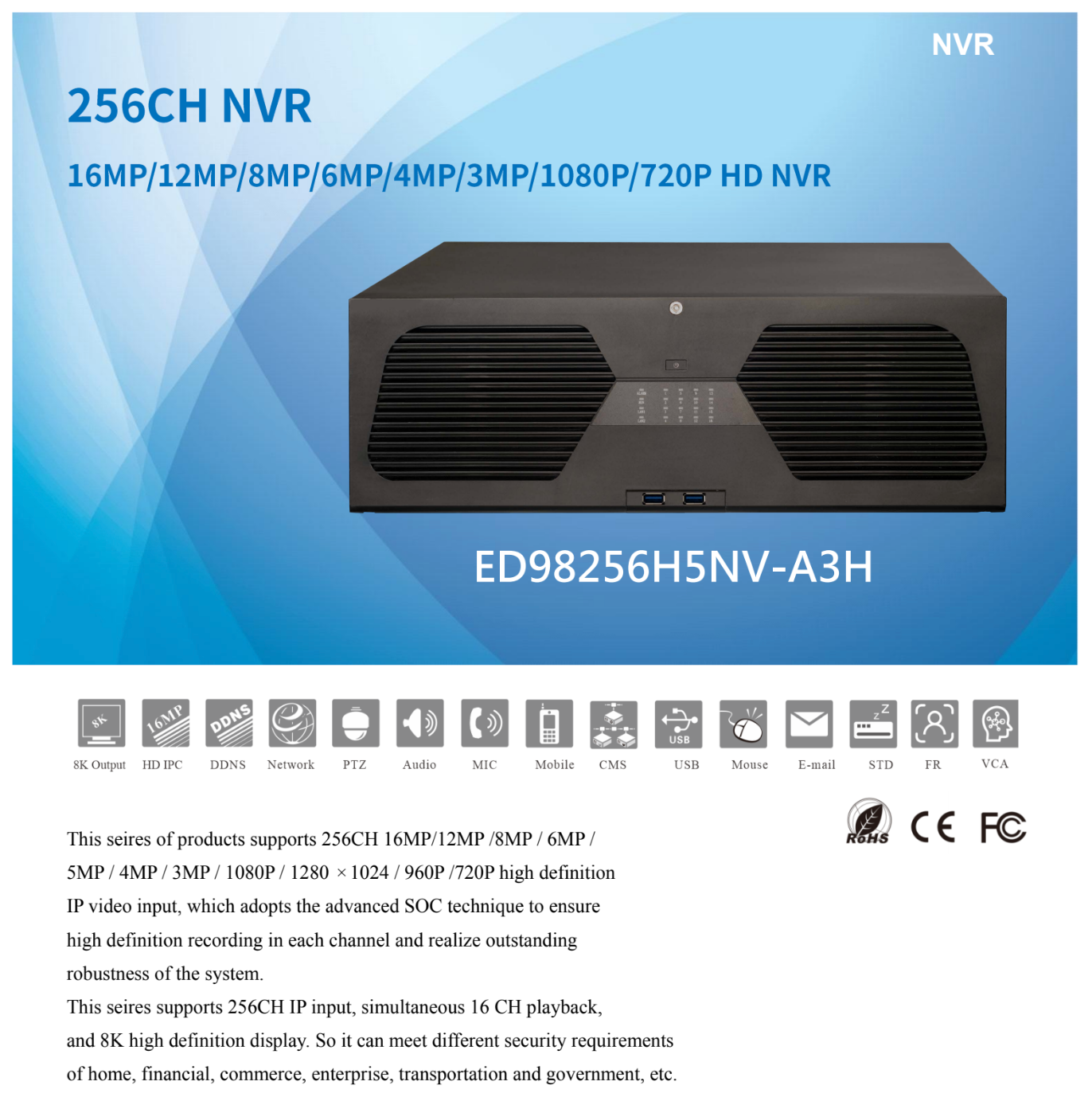 ENS Titanium ED98256H5NV-A3H 256CH 16MP 8K 768Mbps Face ID, RAID, 16 SATA Dual LAN 4 HDMI NDAA NVR