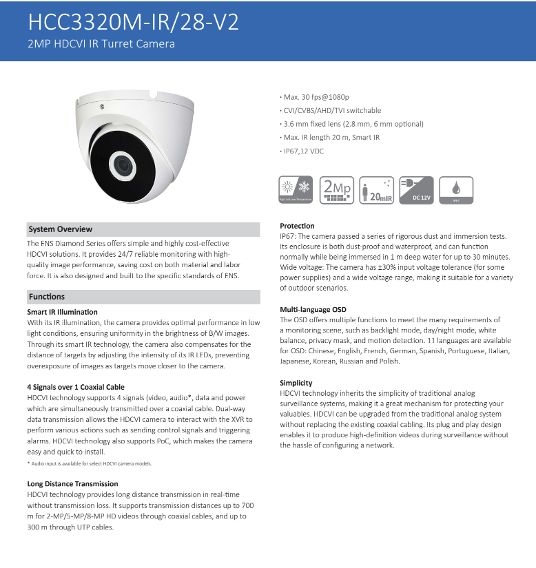 ENS Diamond HCC3320M-IR/28-V2 2MP/30fps CVI/CVBS/AHD/TVI 2.8mm 98ft IR Turret Dome Camera