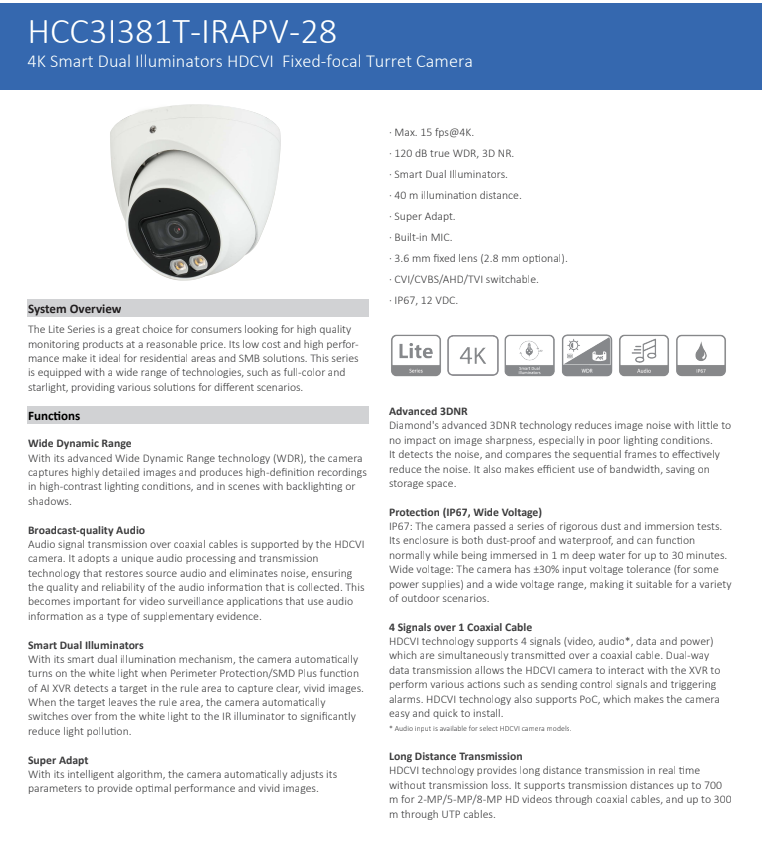 ENS Diamond HCC3I381T-IRAPV-28 8MP/4K/15fps CVI/TVI/CVBS/AHD 2.8mm 131ft Full Color Camera