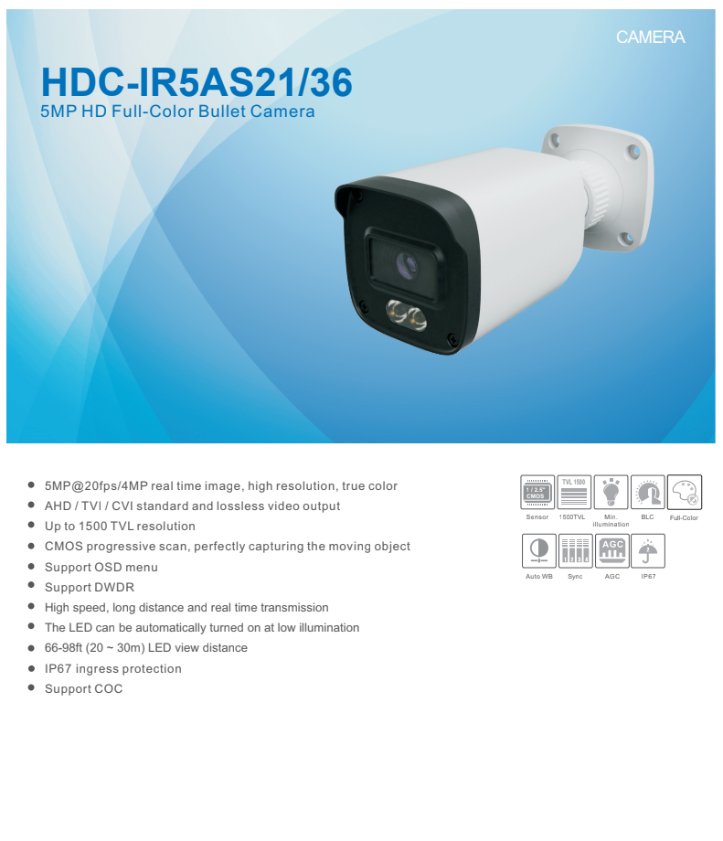 ENS Titanium HDC-IR5AS21/36 5MP 3.6mm 98ft LED Full Color AHD/TVI /CVI/CVBS NDAA Bullet Camera