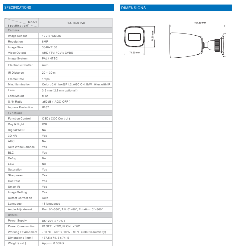 ENS Titanium HDC-IR8AE1/28 AHD/TVI/CVI/CVBS 8MP 4K 2.8mm 98ft IR NDAA Bullet COAX Camera