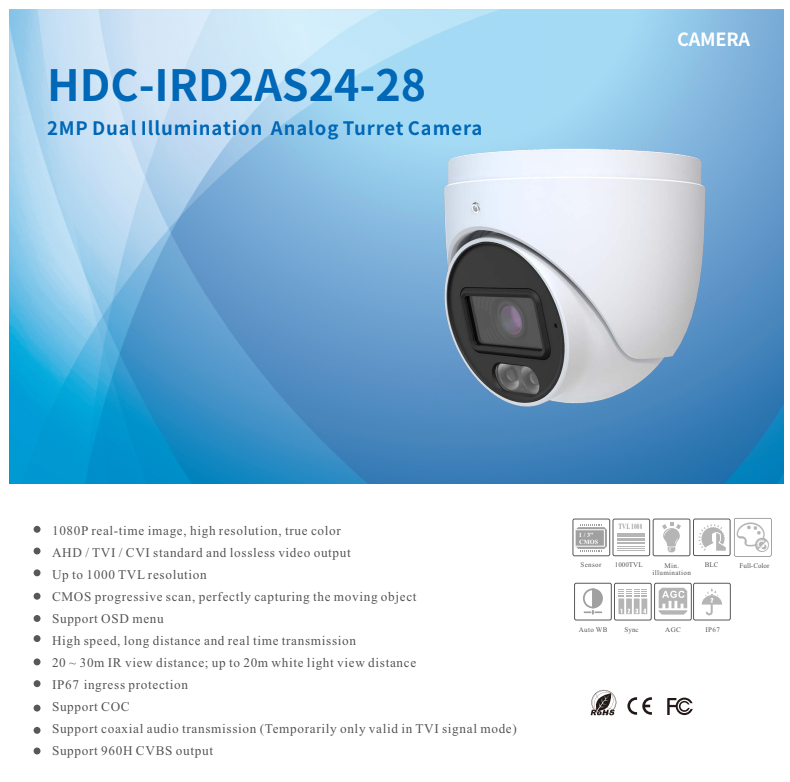 ENS Titanium HDC-IRD2AS24-28 2MP TVI/CVI/AHD/CVBS 2.8mm Mic Full Time Color NDAA Dome Camera