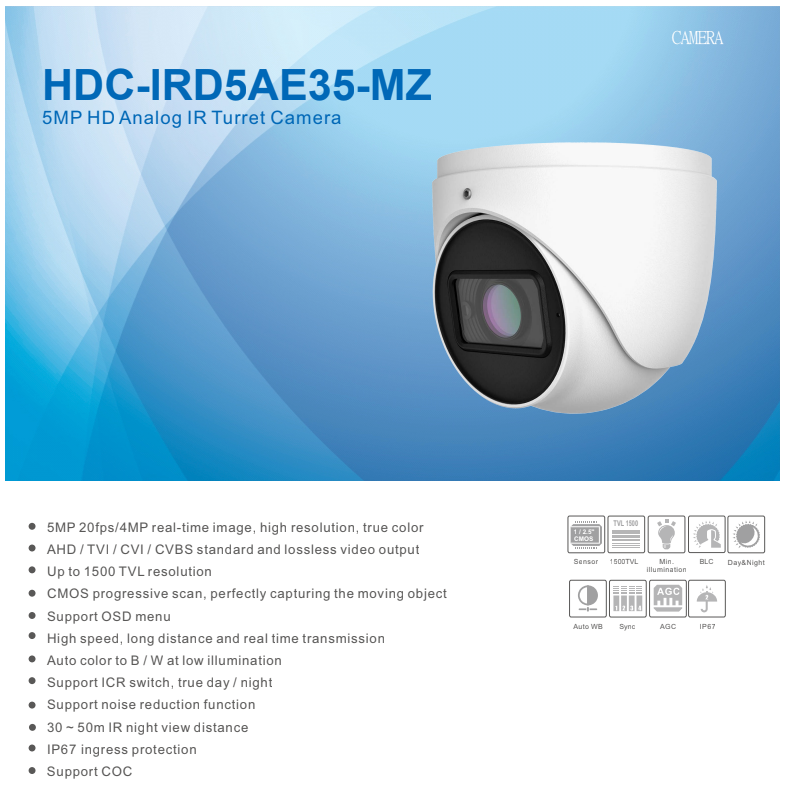 ENS Titanium HDC-IRD5AE35-MZ 5MP TVI/CVI/CVBS/AHD 2.8-12mm MZ 164ft IR Turret NDAA Camera
