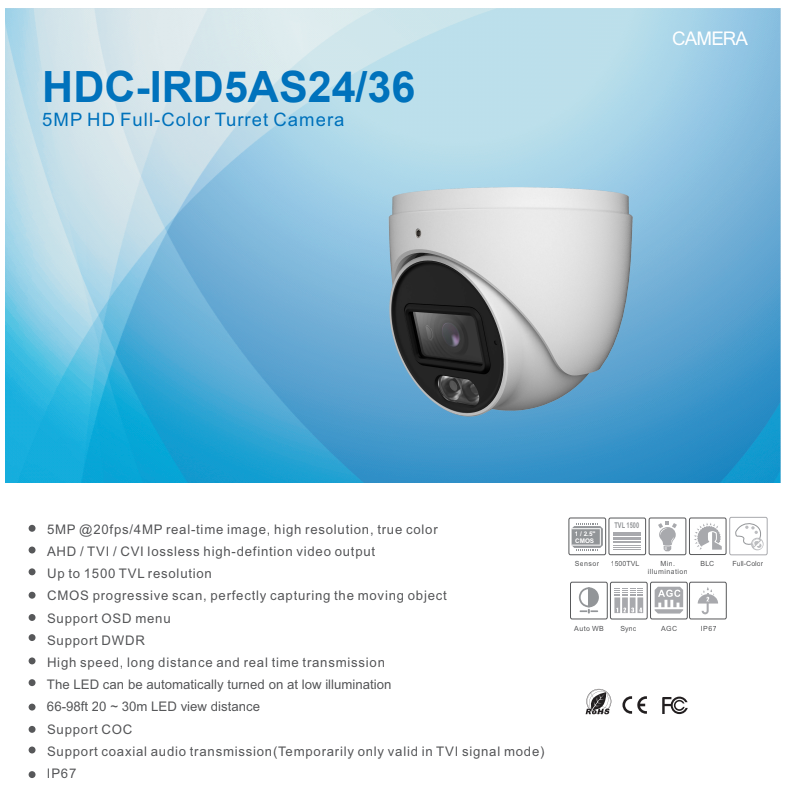 ENS Titanium HDC-IRD5AS24-28 5MP 20fps TVI/CVI/AHD 2.8mm Mic 98ft Dual Light NDAA Dome Camera