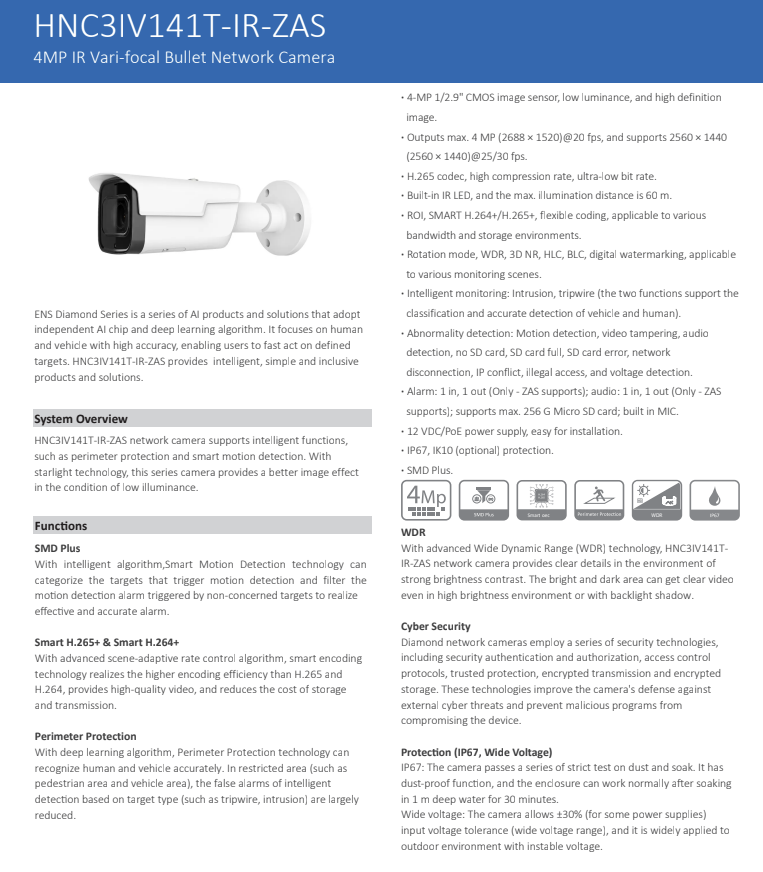 ENS Diamond HNC3IV141T-IR-ZAS IP 4MP 2.7-13.5mm 197ft IR Motorized With Mic Bullet Camera