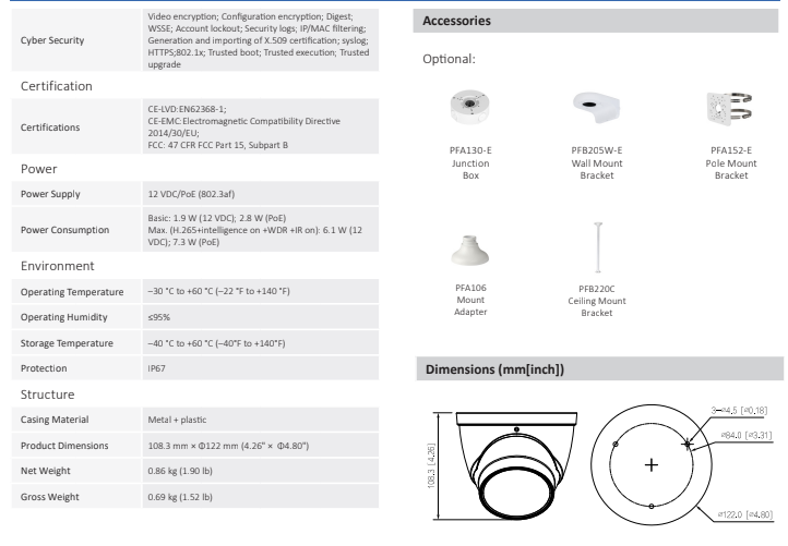 ENS Diamond HNC3IV341T-IR-ZAS IP 4MP Motorized Zoom 2.7-13.5mm 131ft IR WDR Mic Dome Camera