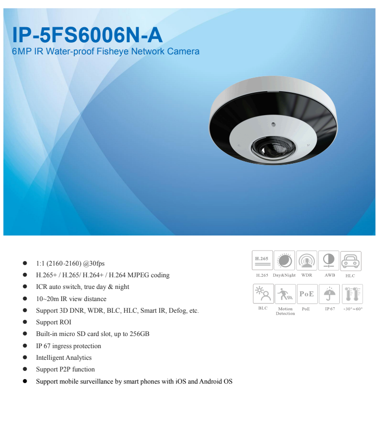 ENS Titanium IP-5FS6006N-A IP 6MP 2160×2160 30fps 65ft IR 1.65mm Lens WDR NDAA Fisheye Camera