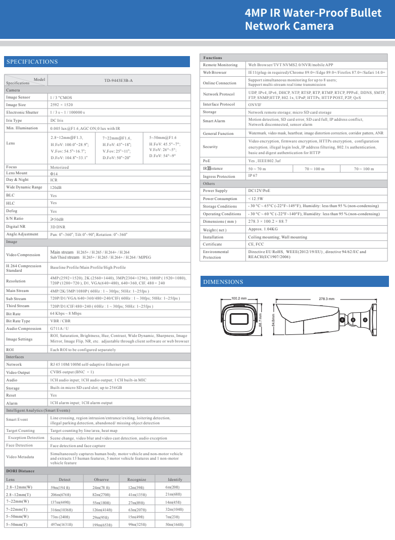 ENS Titanium IP-5IR4E3BA3-MZ IP 4MP 2.8-12mm Motorized Zoom WDR 230ft IR NDAA Bullet Camera