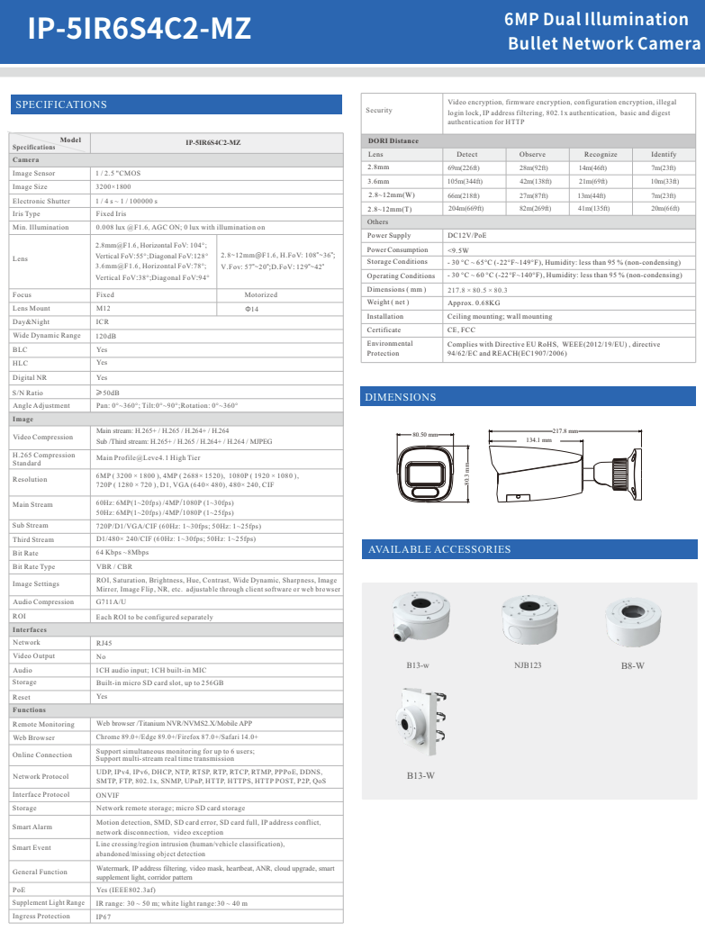 ENS Titanium IP-5IR6S4C2-MZ IP 6MP 2.8-12mm MZ 164ft LED Dual Light Color Mic NDAA Bullet Camera
