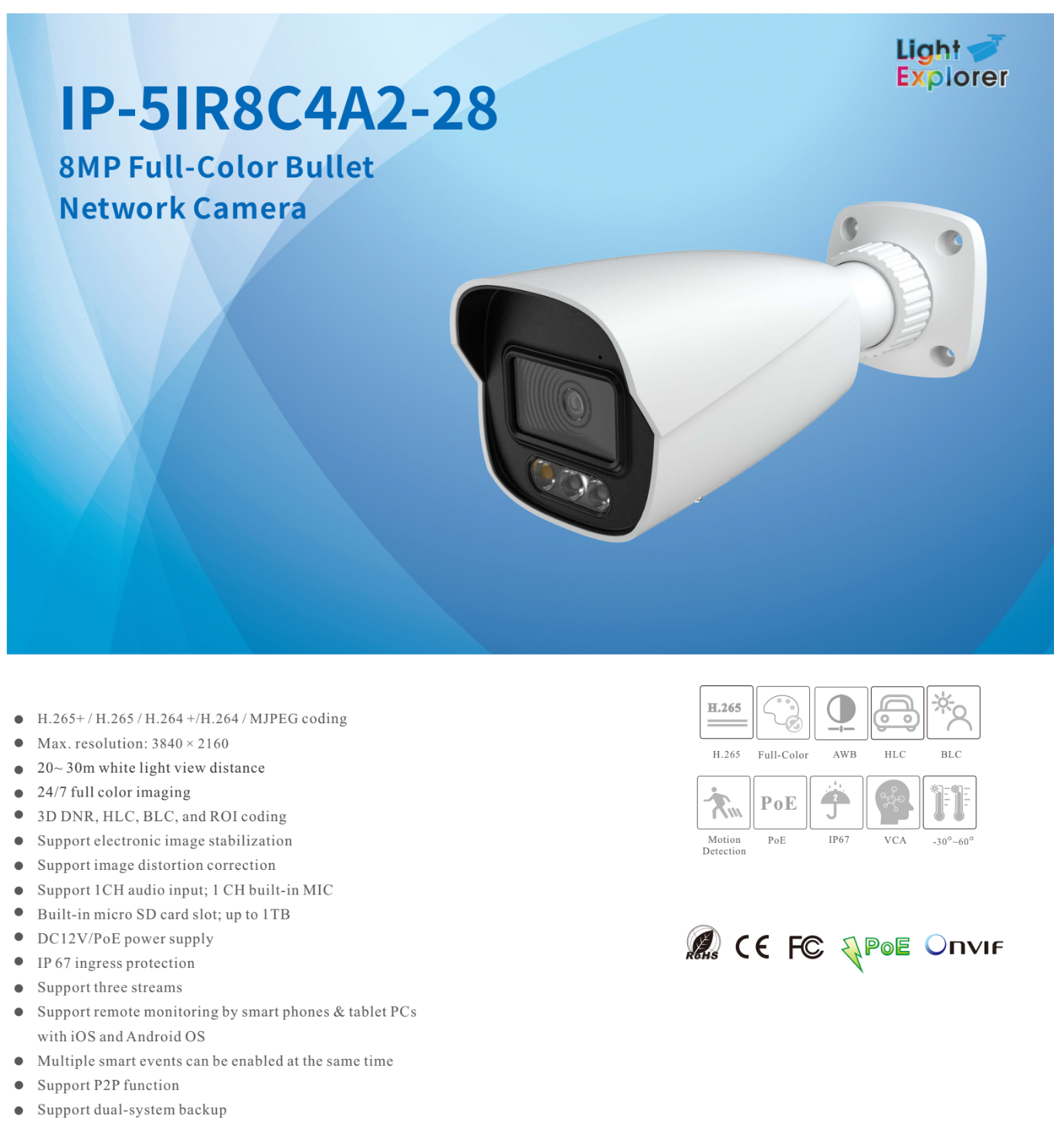 ENS Titanium IP-5IR8C4A2-28 IP 8MP/4K 2.8mm 98ft White Light Color Ai-ISP PoE NDAA Bullet Camera