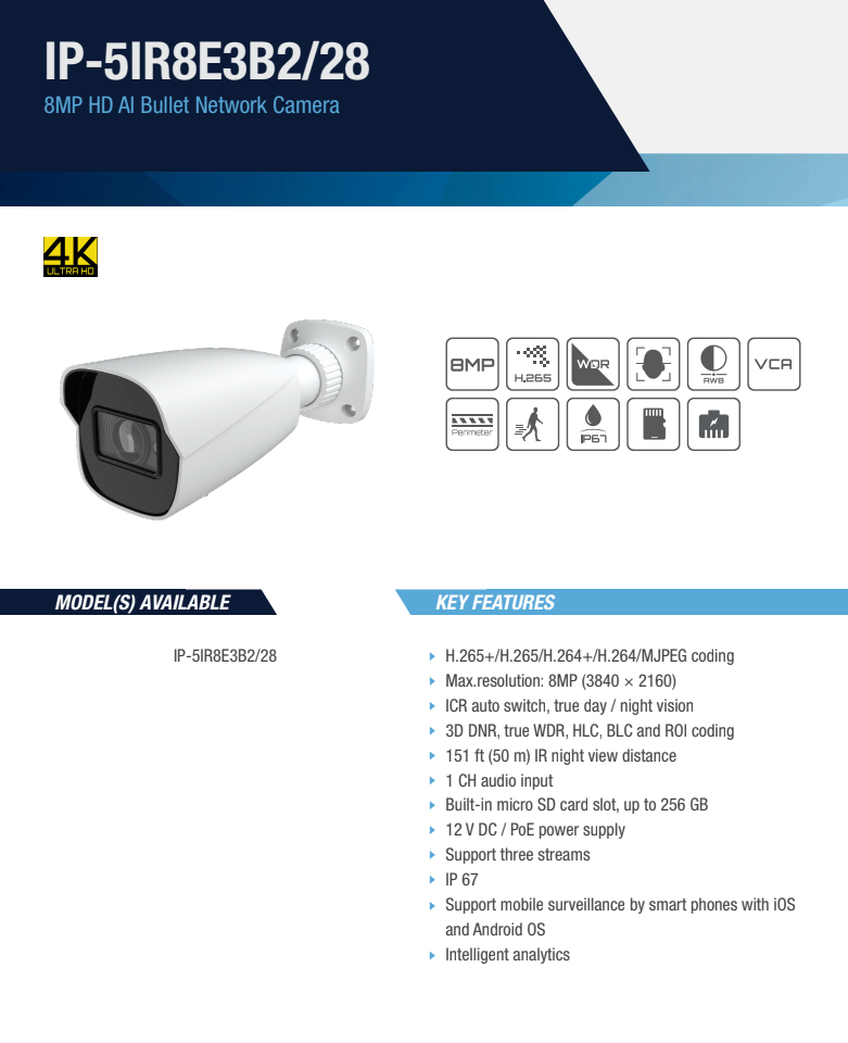 ENS Titanium IP-5IR8E3B2-28 IP 8MP/4K 2.8mm Len 164ft IR Ai Face Detection NDAA Bullet Camera