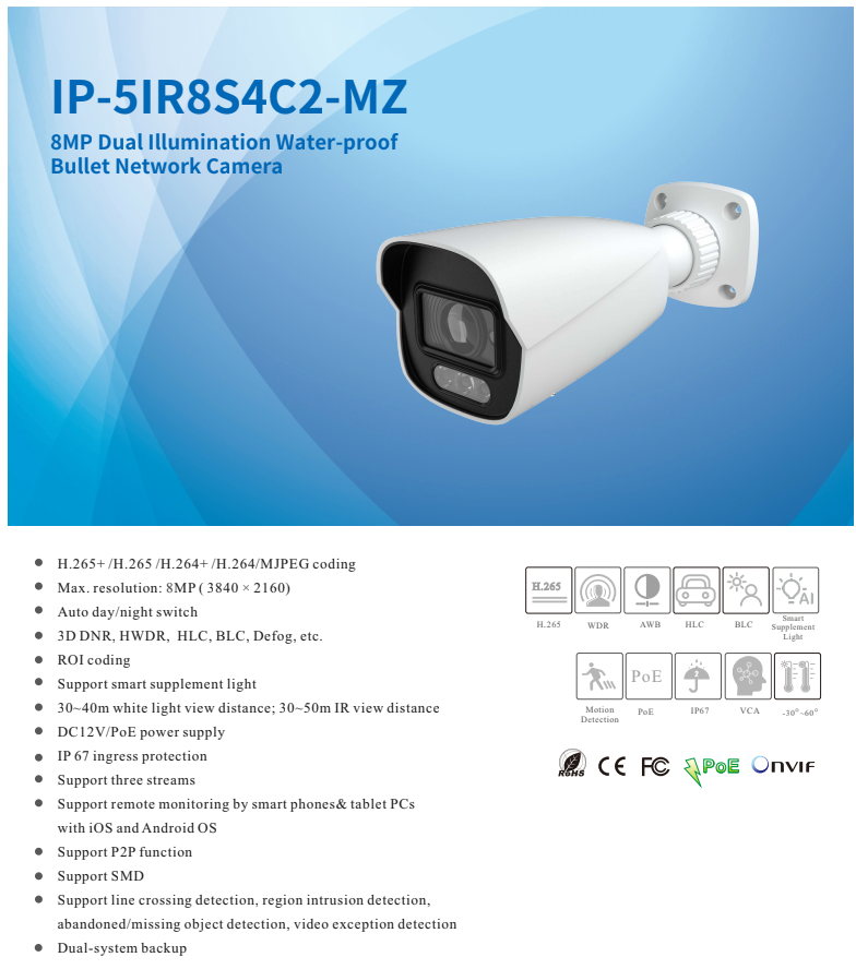 ENS Titanium IP-5IR8S4C2-MZ IP 8MP/4K 2.8-12mm Motorized Full Color WDR AI NDAA Bullet Camera