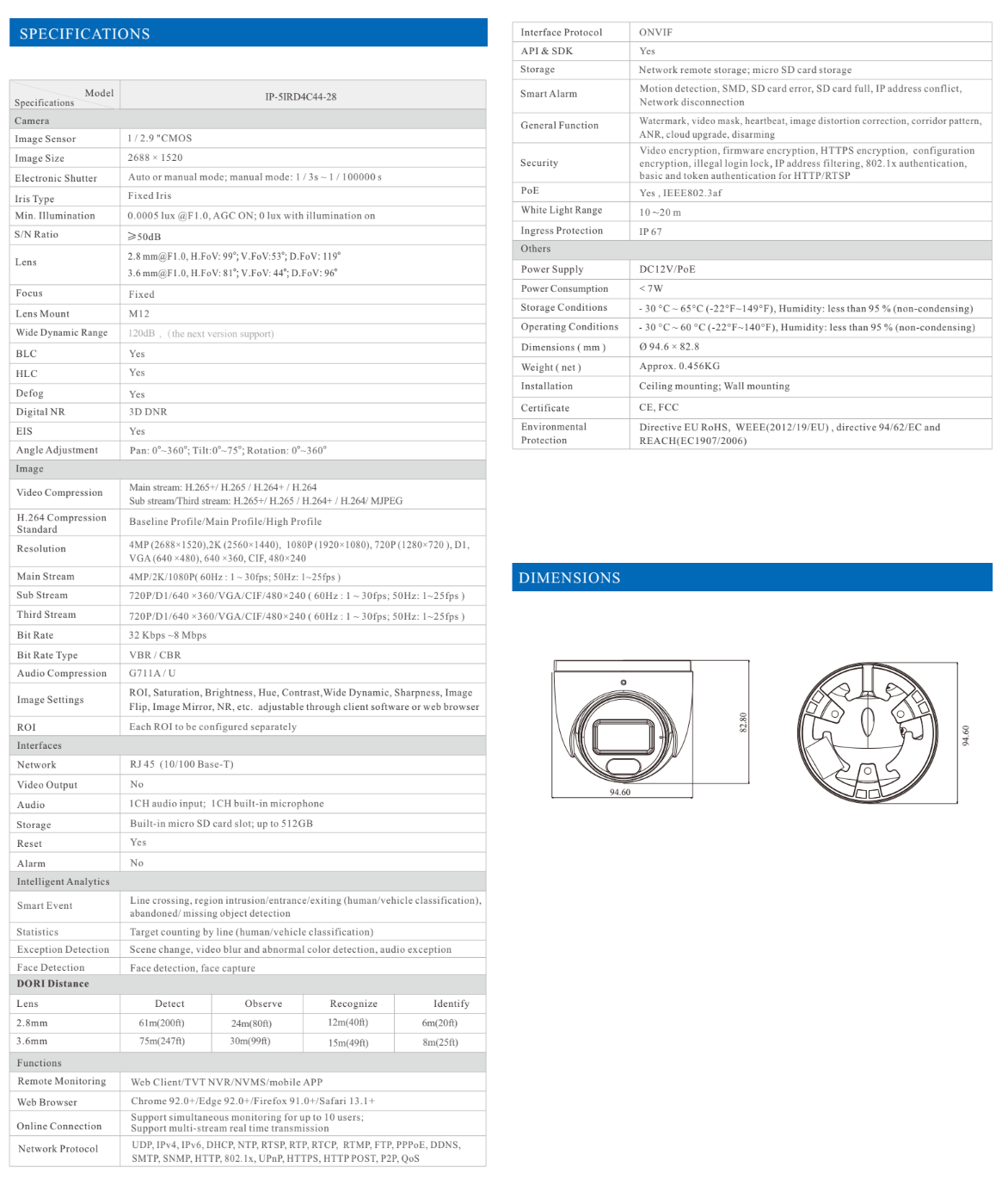 ENS Titanium IP-5IRD4C44-28 IP 4MP 2.8mm 66ft White Light Color WDR AI PoE NDAA Turret Camera