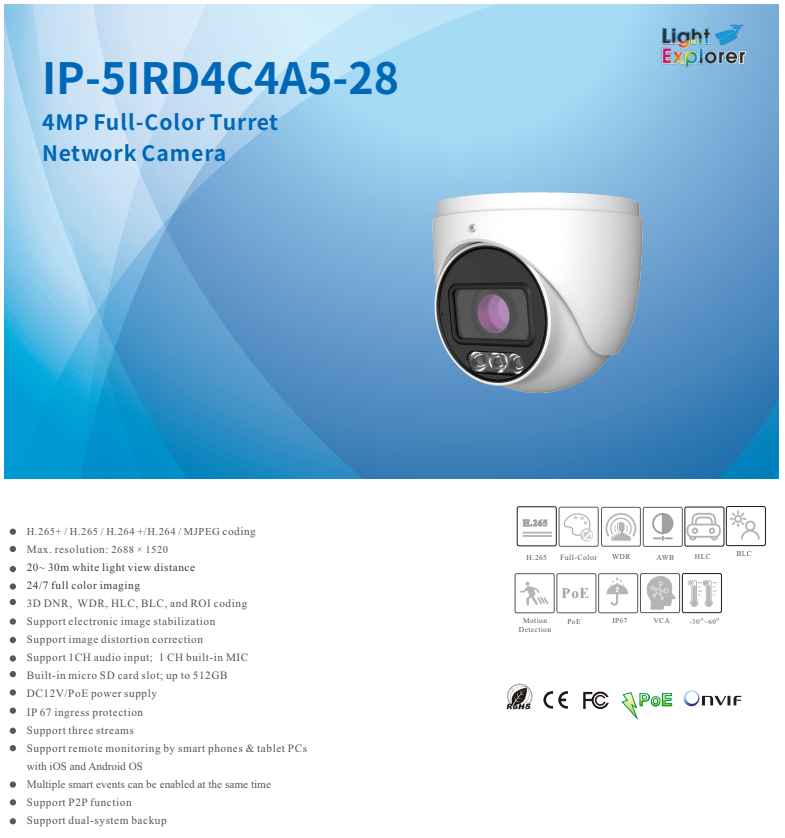 ENS Titanium IP-5IRD4C4A5-28 IP 4MP 2.8mm 24/7 Full Color 98ft LED With Mic Ai NDAA Turret Camera