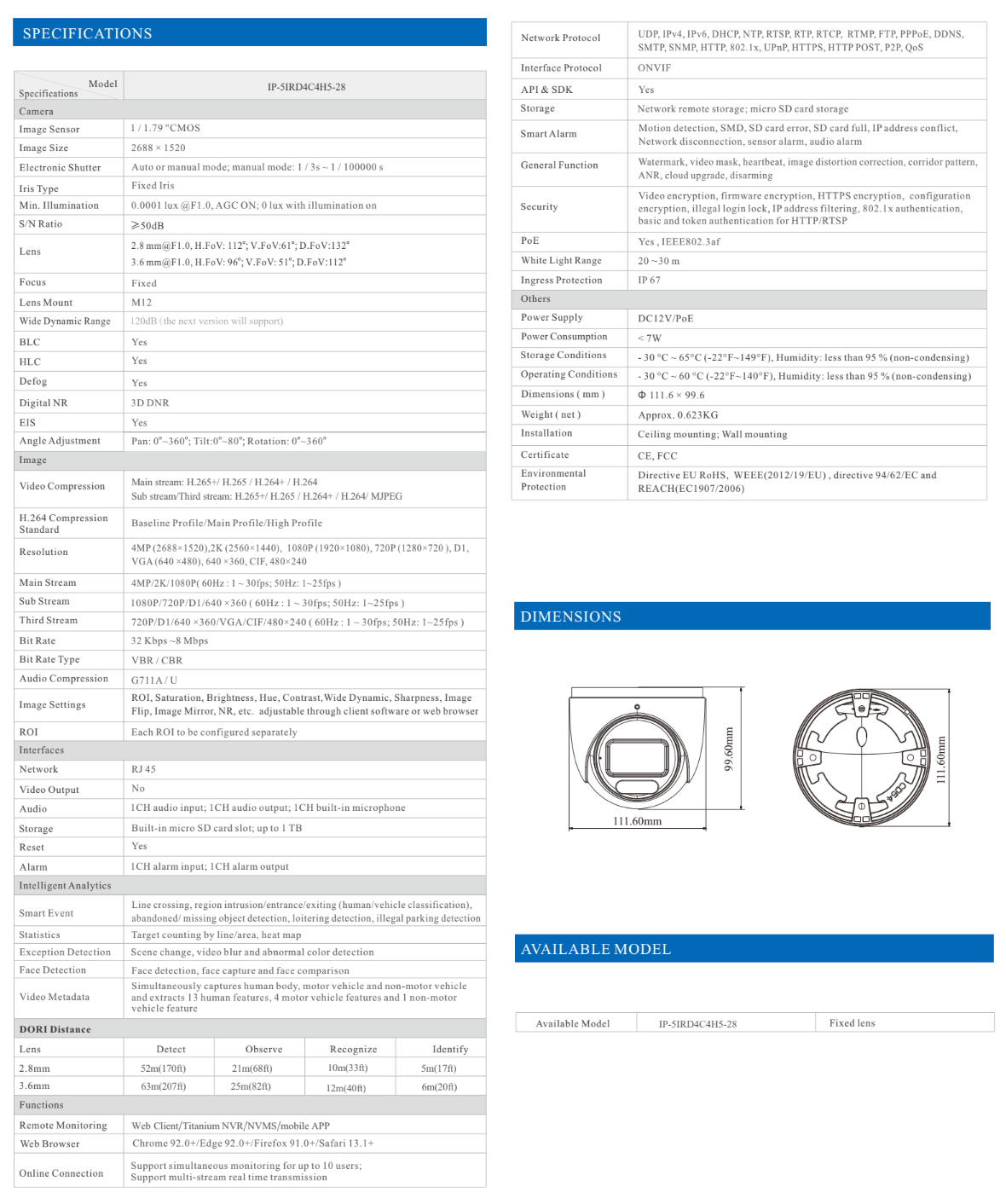 ENS Titanium IP-5IRD4C4H5-28 IP 4MP 2.8mm 98ft White Light Color WDR AI PoE NDAA Turret Camera