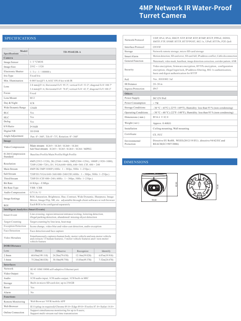 ENS Titanium IP-5IRD4E3BA4-28 IP 4MP 2.8mm 98ft IR Ai Face Detection WDR Mic NDAA Dome Camera