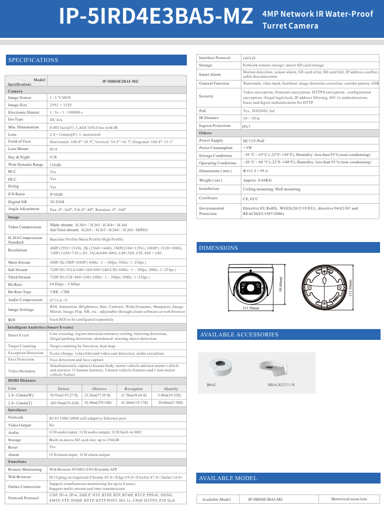 ENS Titanium IP-5IRD4E3BA5-MZ IP 4MP 2.8-12mm MZ Lens With Mic 164ft IR Ai NDAA Turret Camera