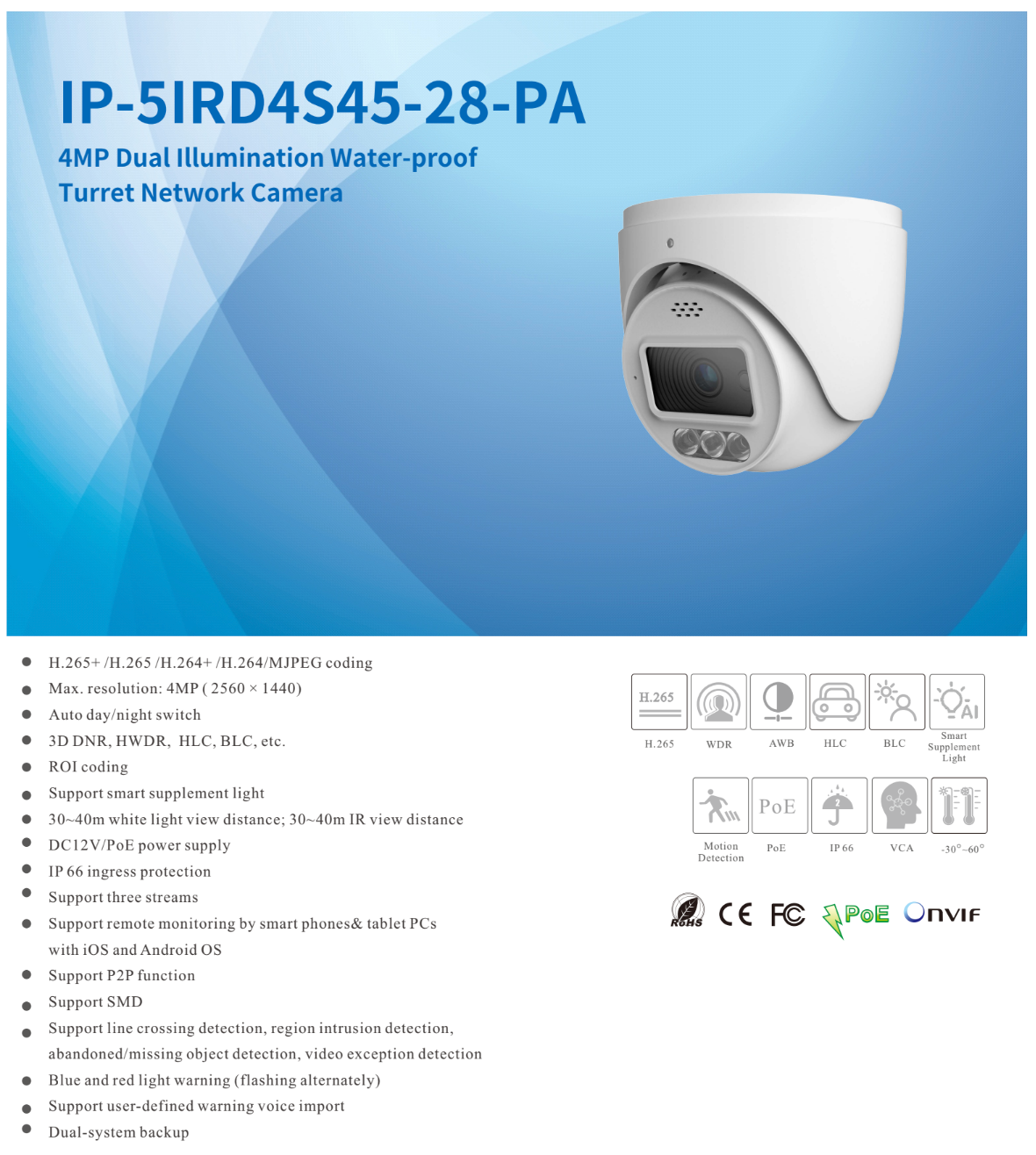 ENS Titanium IP-5IRD4S45-28-PA IP 4MP 2.8mm Full Color Dual Light WDR AI PoE NDAA Turret Camera