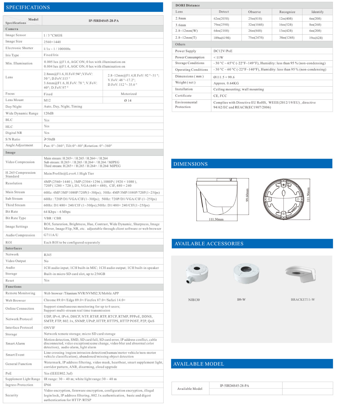 ENS Titanium IP-5IRD4S45-28-PA IP 4MP 2.8mm Full Color Dual Light WDR AI PoE NDAA Turret Camera