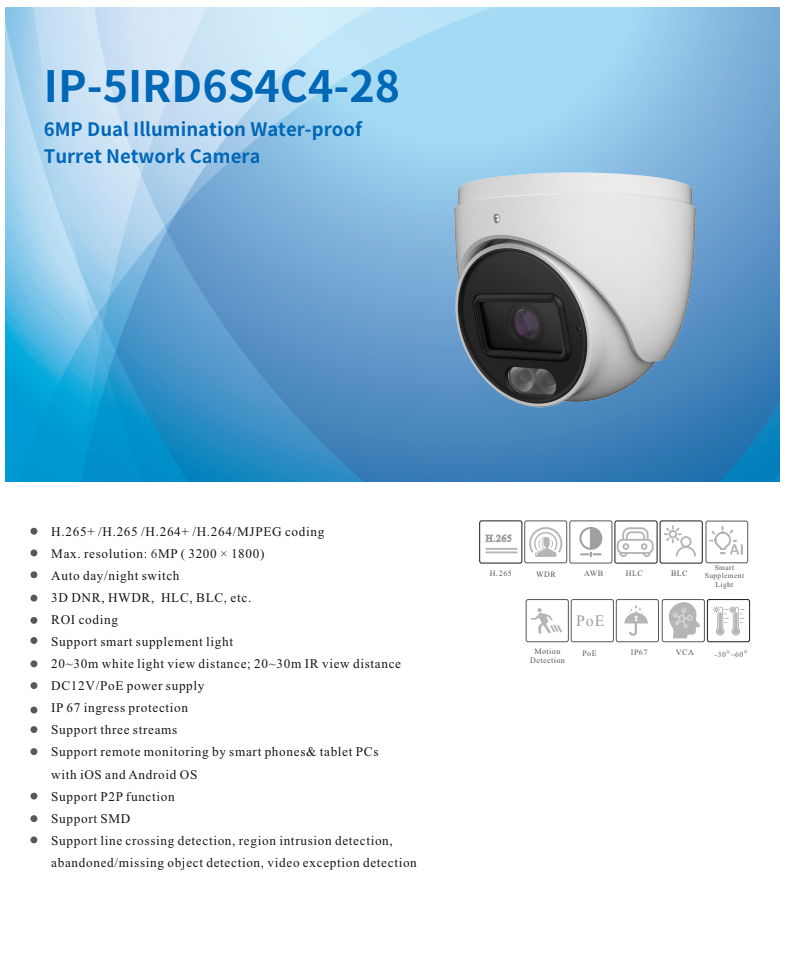 ENS Titanium IP-5IRD6S4C4-28 IP 6MP 2.8mm Dual Light Color 98ft LED With Mic NDAA Turret Camera