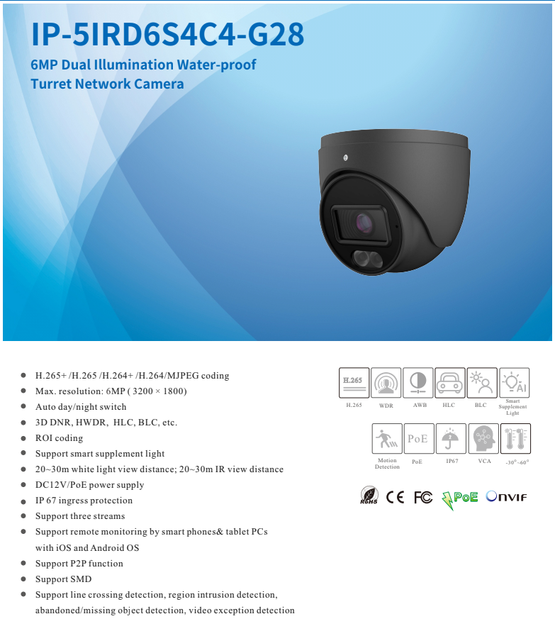 ENS Titanium IP-5IRD6S4C4-G28 IP 6MP 2.8mm 98ft LED Full Color WDR Mic NDAA Grey Dome Camera