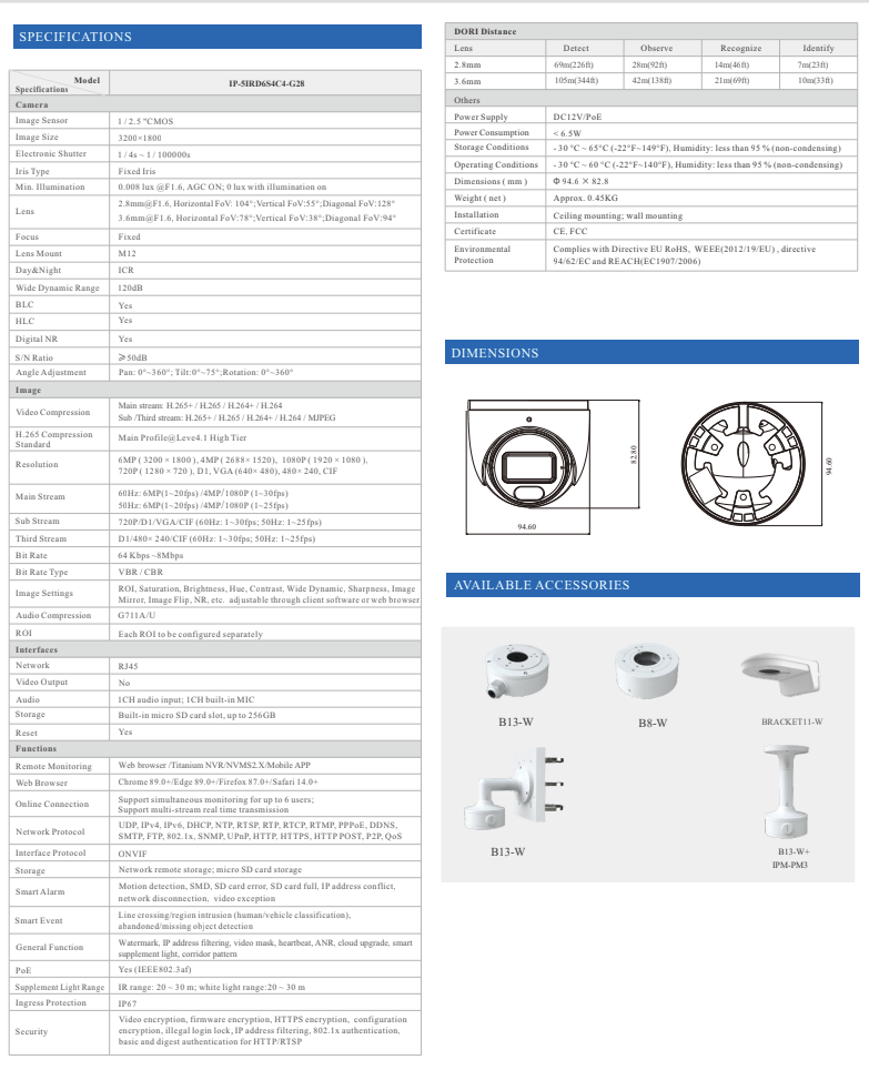ENS Titanium IP-5IRD6S4C4-G28 IP 6MP 2.8mm 98ft LED Full Color WDR Mic NDAA Grey Dome Camera