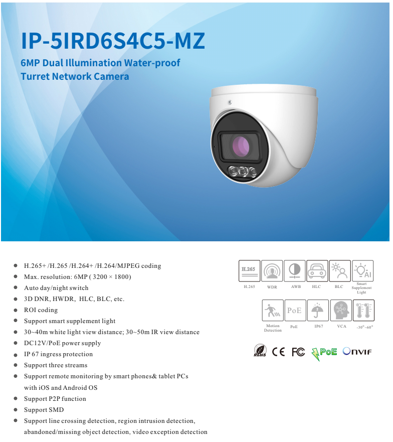 ENS Titanium IP-5IRD6S4C5-MZ IP 6MP 2.8-12mm MZ Dual Light Color 164ft LED With Mic NDAA Camera