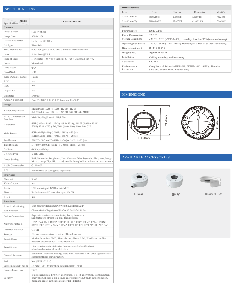 ENS Titanium IP-5IRD6S4C5-MZ IP 6MP 2.8-12mm MZ Dual Light Color 164ft LED With Mic NDAA Camera