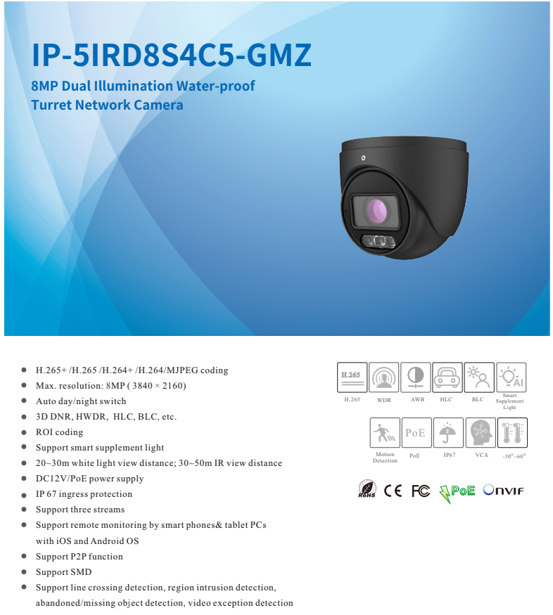 ENS Titanium IP-5IRD8S4C5-GMZ IP 8MP/4K 2.8-12mm Motorized Full Color Ai WDR NDAA Turret Camera