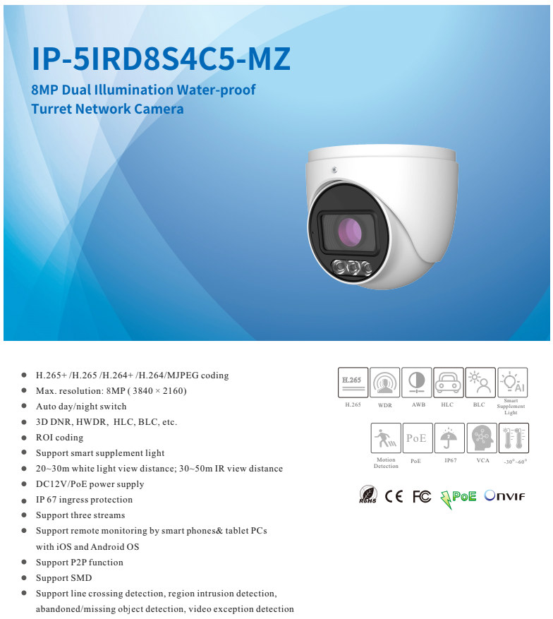 ENS Titanium IP-5IRD8S4C5-MZ IP 8MP/4K 2.8-12mm MZ Dual Light Color With Mic NDAA Turret Camera
