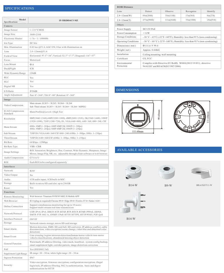 ENS Titanium IP-5IRD8S4C5-MZ IP 8MP/4K 2.8-12mm MZ Dual Light Color With Mic NDAA Turret Camera