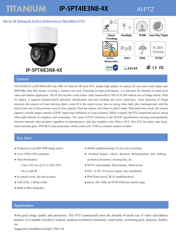 ENS Titanium IP-5PT4IE3N8-4X IP 4MP 20x 164ft IR Mic & Speaker Tracking NDAA PTZ Dome Camera